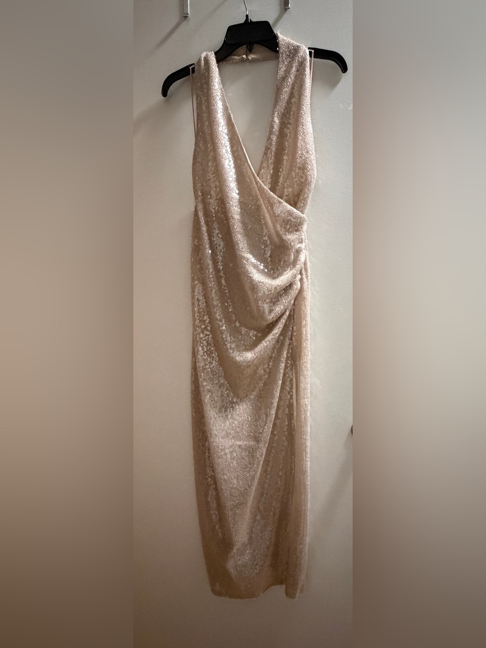 Zara Sequin Drape Midi Dress in Champagne